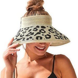 Women's Sun Visor - Wide Brim Leopard Print with Bow.   NEW